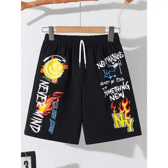 Shorts Infantil Juvenil Estampado Preto Cinza New Never Mind Calção Confortável