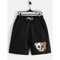 Shorts Juvenil para Menino Bermuda Preta Cinza com Design Estiloso Urso Happiness