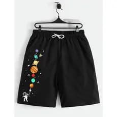 Shorts Infantis Estampado Preto Branco Calção Roupa Casual para Crianças Astronauta Flutuando