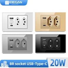 ELEGAN Vidro Temperado Integrado10a/20A USB-C 20w Brasil Padrão Três Furos Tomada De Interruptor De Parede G18
