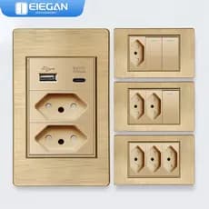 ELEGAN 10A/20A Painel PC Padrão Escovado Dual USB TYPE-C Tomada De Parede Interruptor De Luz A90 Ouro