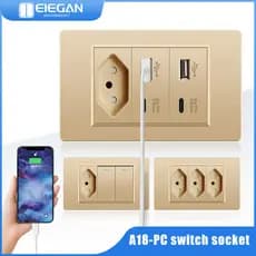 ELEGAN 10A/20A PC Tomada Padrão De Vidro Dual USB TYPE-C De Parede Interruptor De Luz A18 Dourado