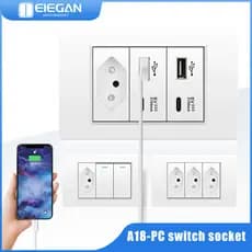 ELEGAN 10A/20A PC Tomada Padrão Dupla USB TYPE-C De Parede Interruptor De Luz A18 Branco