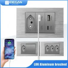 ELEGAN 10A/20A Fio De Alumínio Design Padrão Dual USB TYPE-C Tomada De Parede Interruptor De Luz L06 Cinza