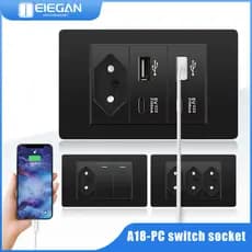 Tomada De Parede ELEGAN Para PC 10A/20A Com Portas Duplas USB-C Interruptor De Luz Modelo A18 Preto