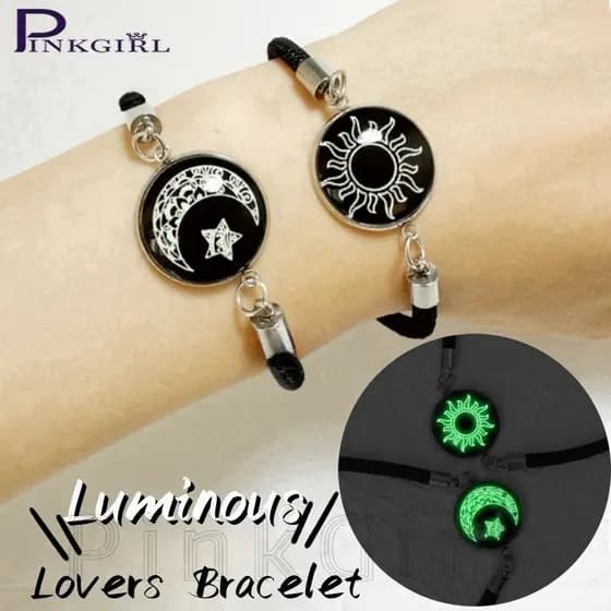 2Pcs Sun & Moon Lovers Bracelet-Pulseira De Casal Luminoso-Presente De Dia Dos Namorados-Acessórios Para Jóias-Aço Inoxidável , Ajustável-Corda De Mão Tecida Time Gem