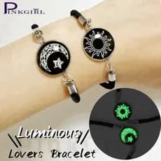 2Pcs Sun & Moon Lovers Bracelet-Pulseira De Casal Luminoso-Presente De Dia Dos Namorados-Acessórios Para Jóias-Aço Inoxidável , Ajustável-Corda De Mão Tecida Time Gem
