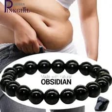 Pulseira Feminina De Contas De Obsidiana/Elástica De Chakra De Cura Para Ioga Preta De Lava Boa Sorte Ajustável/Pulseira