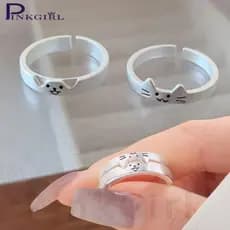 2Pcs Anel De Dedo De Cachorro Gato Animal-Para Casamento , Festas-Melhores Presentes Amantes-Acessórios De Jóias-Aberto Ajustável , Sobreposto-Anéis De Casal-Desenho Animado , Fofo