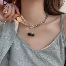 Personalidade Hip Hop Feminino Criativo Vermelho Preto Cereja Pingente Pulseira Brincos Meninas Clavícula Colar Elegante Punk Corrente Jóias