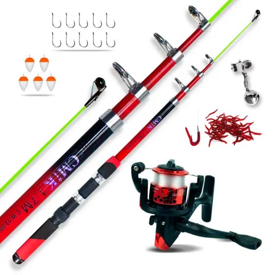 Kit Pescaria 1 Vara Telescópica 1.70m + 1 Molinete + Acessórios Boias/Anzóis/Minhocas/Sininho