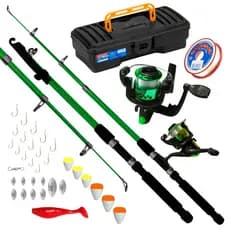Kit Pescaria Vara de Pesca Telescópica Verde 1.65m e Kit de Acessórios Conjunto Vara Molinete com Linha