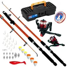 Kit Pescaria Vara de Pesca Telescópica Vermelho 1.65m e Kit de Acessórios Conjunto Vara Molinete com Linha