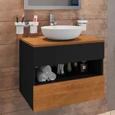 Conjunto Gabinete Banheiro Bali Preto Fosco Naturalle com Espelho Moderno Compacto Bechara