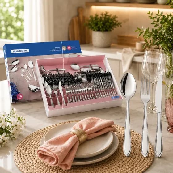 Kit Conjunto Faqueiro Tramontina Laguna 91 Peças em Aço Inox Alto Brilho Jogo Completo Original