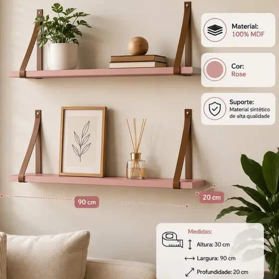 Kit 2 Prateleiras Suporte Gold 100% MDF Rose 90cm Sala Quarto Decoração Parece Couro Matic