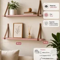 Kit 2 Prateleiras Suporte Gold 100% MDF Rose 90cm Sala Quarto Decoração Parece Couro Matic