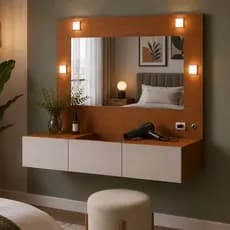 Penteadeira Suspensa Sofia Camarim com Espelho 3 Gavetas e LED Compacta Nature/Off White - Ofertamo