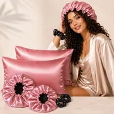 Kit em cetim Antifrizz 2 toucas + 2 fronhas + 2 xuxinhas luxo seda