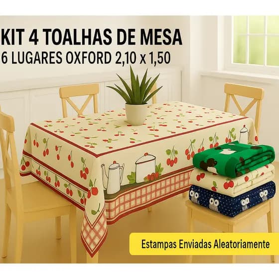 Kit 4 Toalha De Mesa 6 Lugares Oxford 2,10x1,50 Estampas Sortidas