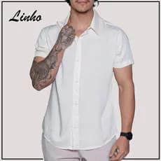 Camisa de Linho Manga curta Social Verão Fresca Gola Italiana Elegante em Visco-Linho