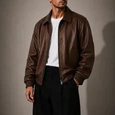 Jaqueta Masculina de Couro Vintage Oversized Poliuretano Bomber com Zíper Moda Casual Streetwear Premium