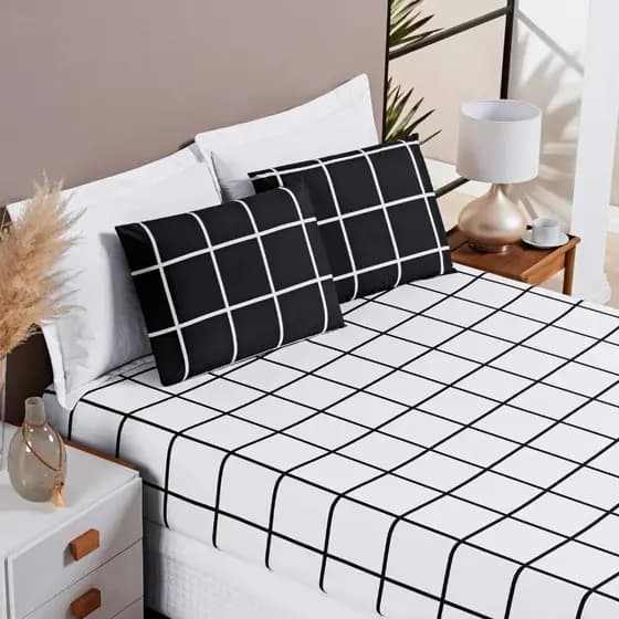 Conjunto de Lençol Austin 3 Peças Micropercal 200 Fios Jogo de Cama Estampa Grid Kit Cama Casal Padrão Queen Solteiro King Lençol Elástico e Fronhas