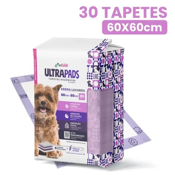 Tapete Higiênico Para Cães e Gatos Ultra Pads 30 unidades 60x60cm Aroma Lavanda Alta Absorção