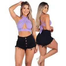 Short Jeans Preto 4 botões Feminino Cintura Alta Desfiado