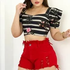 Short Jeans Vermelho Feminino Cintura Alta Destroyed
