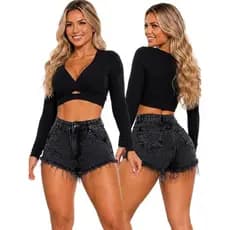 Short Jeans Feminino Cintura Alta Empina BumBum - Cor Grafite Marmorizado