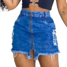 Saia Jeans Feminina Cintura Alta Destroyed