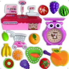 Mercadinho Brinquedo Quitanda Carrinho De Compras Infantil Coruja Caixa Registradora Frutas Velcro