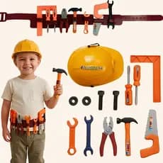 Kit Ferramentas De Brinquedo Cinto de Ferramentas Capacete Infantil 9 Peças Kit Engenheiro