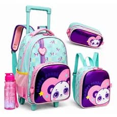 Kit Mochila Escolar Infantil de Rodinhas Panda + Lancheira Térmica + Estojo + Garrafinha | Puxador em T | 2 Hastes
