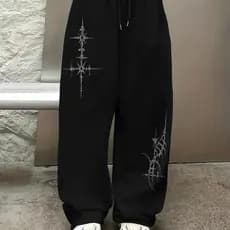 Calça Wide Leg Moletom Feminina Gotic Art Punk Style Y2k