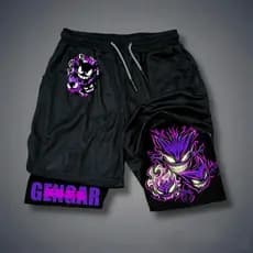 Short Dry-Fit Compressão 2 em 1 Esportivo Academia Pokémon Streetwear Anime Pika Gengar Mewtwo Gym