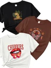 kit 3 Camisetas Feminina 100% Algodão Estampas Versateis Malha Premium Envio Ja
