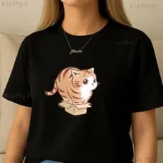 Camiseta Feminina T-Shirt 100% Algodão Estampada Gatinho na Caixa
