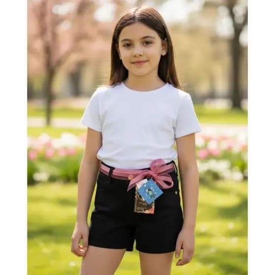 Shorts De Sarja Preto Com Cinto Rosa Menina Tamanho 6