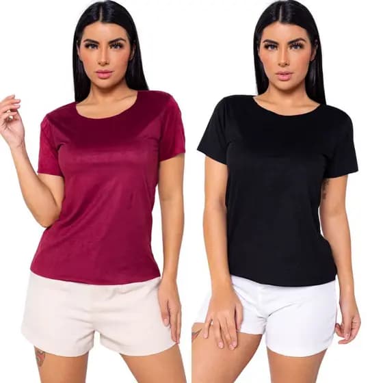 Kit 2 Blusa Blusinha Manga Curta Aveludada Corte a Láser Roupa Feminina Moda