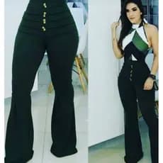 Calça Flare Feminina Malha Crepe Roupa Casual Botões Fake Moda Básica Super Fashion Barata