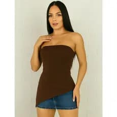 Blusinha Tomara que Caia Assimétrica Malha Canelada Com Bojo Ribana Lascado Fenda Charmosa Elegante Fashion