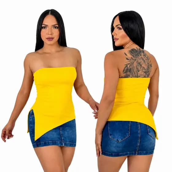 Blusinha Casual Tomara que Caia Assimétrica Malha Canelada Ribana Lascão Lado Fenda Regata Charmosa Elegante Fashion