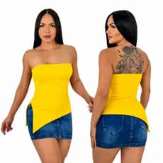 Blusinha Casual Tomara que Caia Assimétrica Malha Canelada Ribana Lascão Lado Fenda Regata Charmosa Elegante Fashion