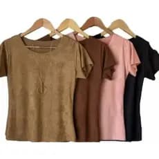 Blusinha Suede Manga Curta T-Shirt Feminina Aveludada Muito Linda