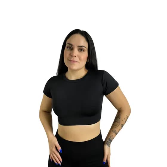 Cropped top Sabrina mangas curtas e decote redondo costas fechadas moda gringa blogueira academia fitness casual basic