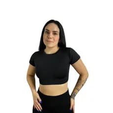 Cropped top Sabrina mangas curtas e decote redondo costas fechadas moda gringa blogueira academia fitness casual basic