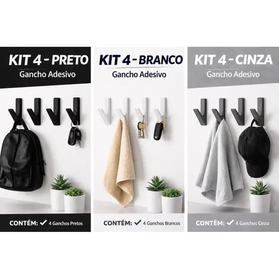 Gancho Adesivo Kit 4 Suporte Parede 3D Resistente Multiuso Sem Furo