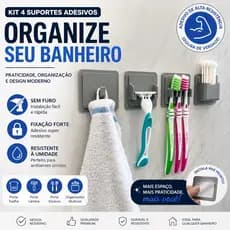 Kit 4 Suportes Adesivos Banheiro Sem Furo | Porta Toalha Escova Lâmina Organizador Forte